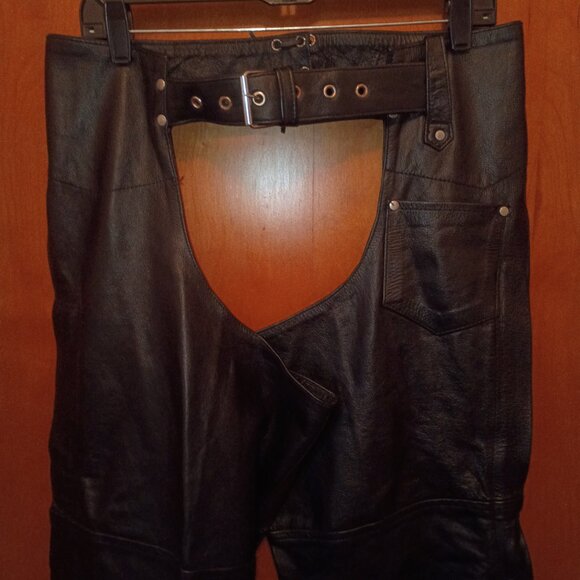 THE LEATHER WORKS Black Leather Chaps Size Men's XL Snap/Zip/Buckle/Laces - Picture 7 of 13